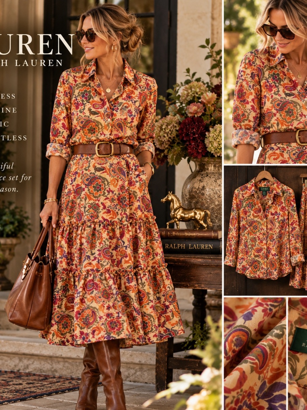 NWOTs Ralph Lauren Women's Floral Button-Front Tiered Midi skirt AND blouse SET